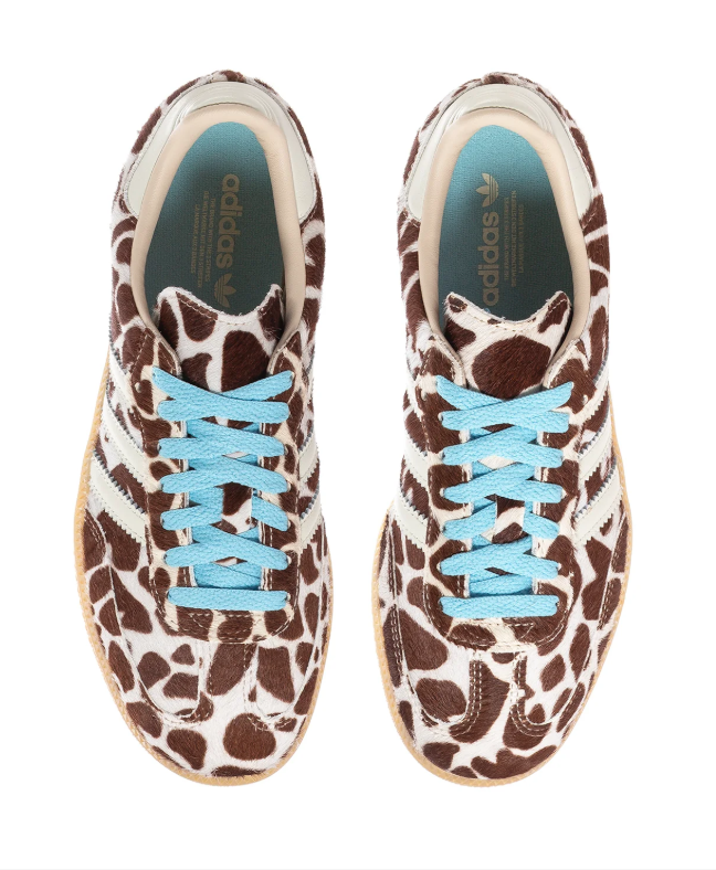 adidas Cow-Print Sneakers – Brown & Cream with Light Blue Laces