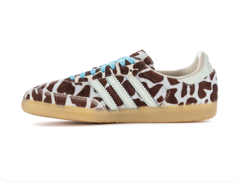 adidas Cow-Print Sneakers – Brown & Cream with Light Blue Laces