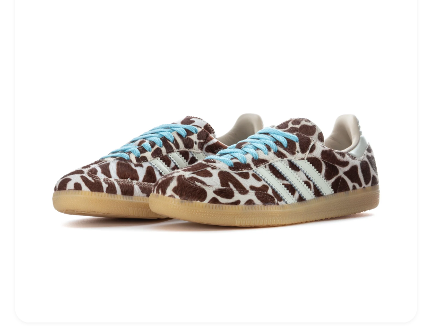 adidas Cow-Print Sneakers – Brown & Cream with Light Blue Laces