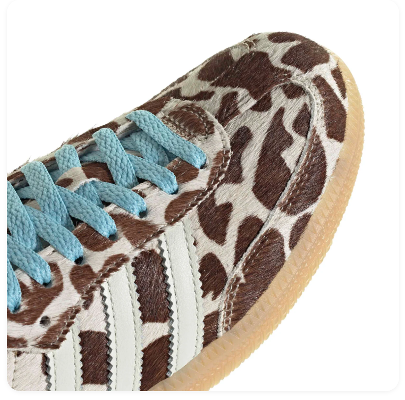 adidas Cow-Print Sneakers – Brown & Cream with Light Blue Laces
