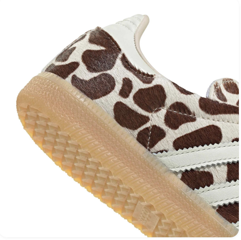 adidas Cow-Print Sneakers – Brown & Cream with Light Blue Laces