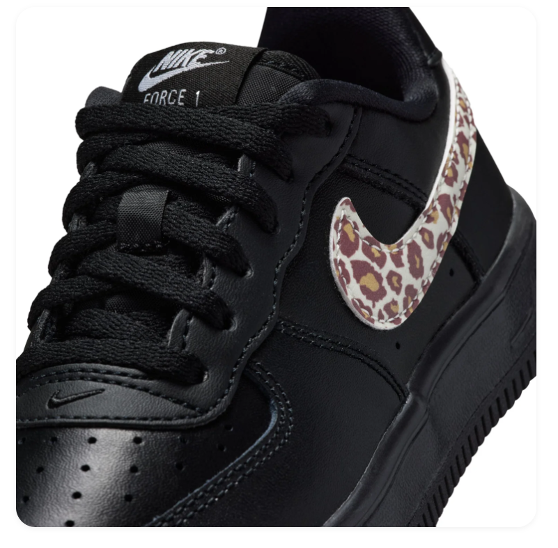 Nike Force 1 Low Sneakers - Black with Leopard-Print Swooshes
