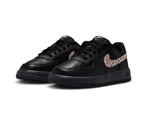 Nike Force 1 Low Sneakers - Black with Leopard-Print Swooshes