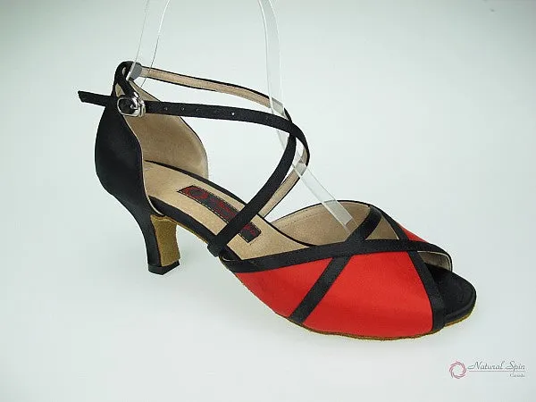 2.25" Molly -- Wide Heel Latin Sandal -- Black Satin/Red Satin