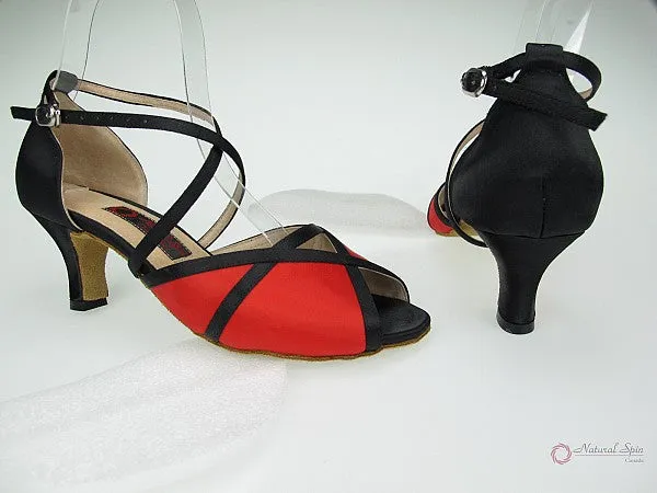 2.25" Molly -- Wide Heel Latin Sandal -- Black Satin/Red Satin