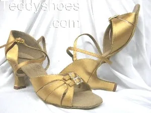 2.5" Clara -- Wide Heel Latin Sandal -- Tan Satin