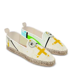 #429 mens loafer Espadrilles, green, cream, and yellow print