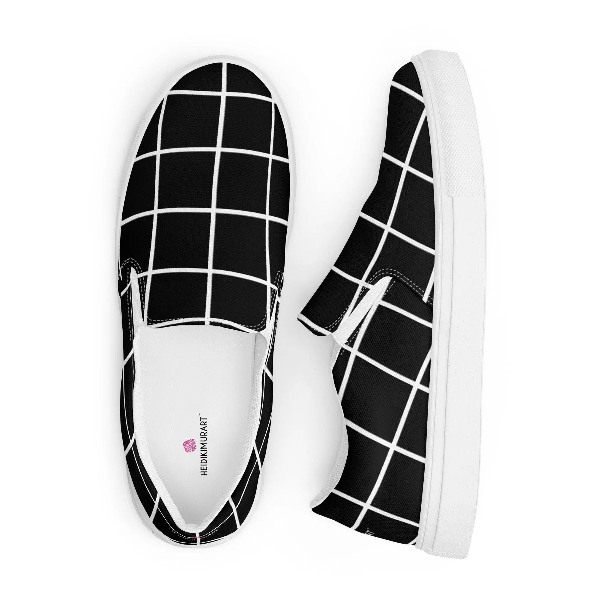 Black Grid Women's Sneakers, Unique Abstract Print Women’s Slip-On Canvas Shoes (US Size: 5-12)