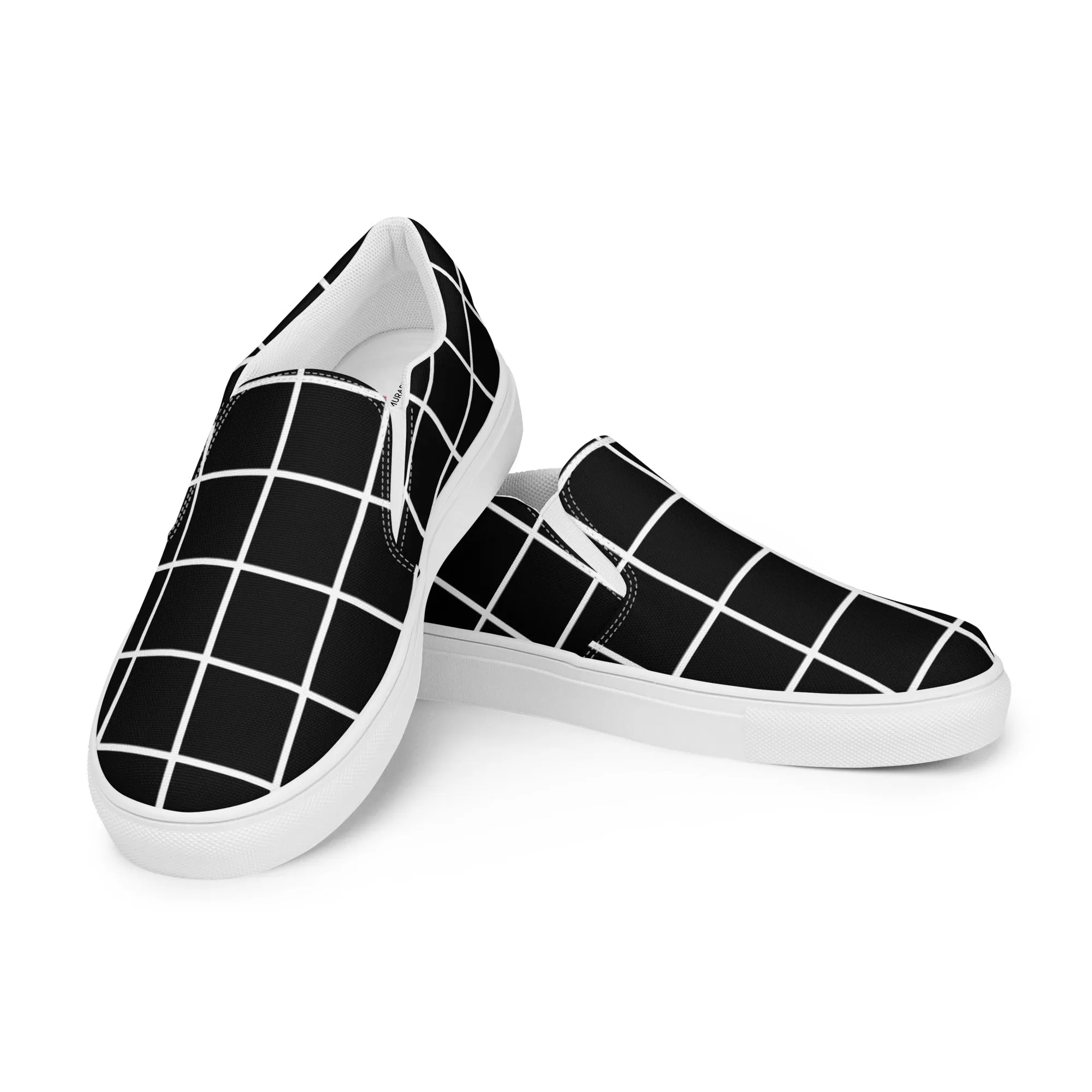 Black Grid Women's Sneakers, Unique Abstract Print Women’s Slip-On Canvas Shoes (US Size: 5-12)