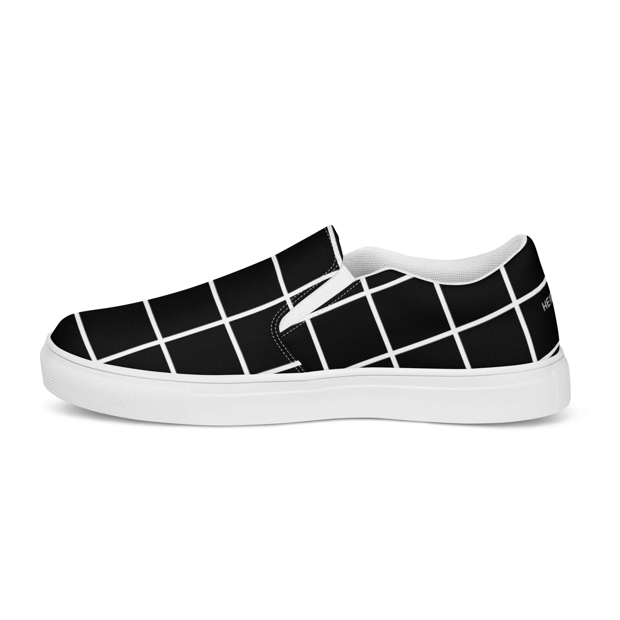 Black Grid Women's Sneakers, Unique Abstract Print Women’s Slip-On Canvas Shoes (US Size: 5-12)