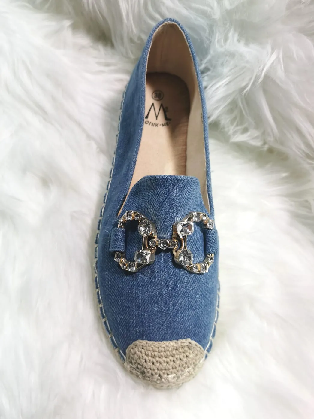 BLUE JEAN CRYSTAL EMBELLISHED SLIP ON ESPADRILLE