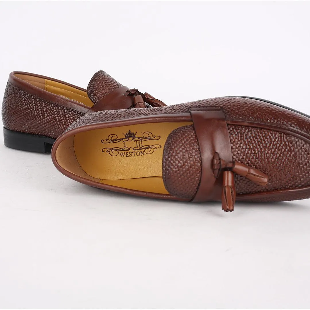 J.M Weston Classic Brown Woven Leather Textile Designed Shoe