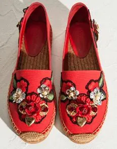 Locket-Flower-Jewel Embroidered Espadrilles-Red