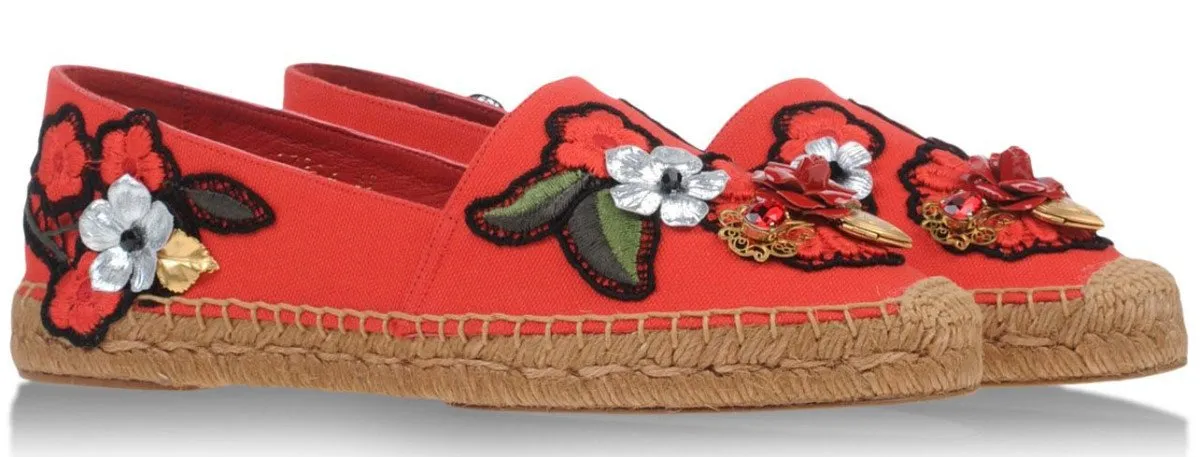 Locket-Flower-Jewel Embroidered Espadrilles-Red