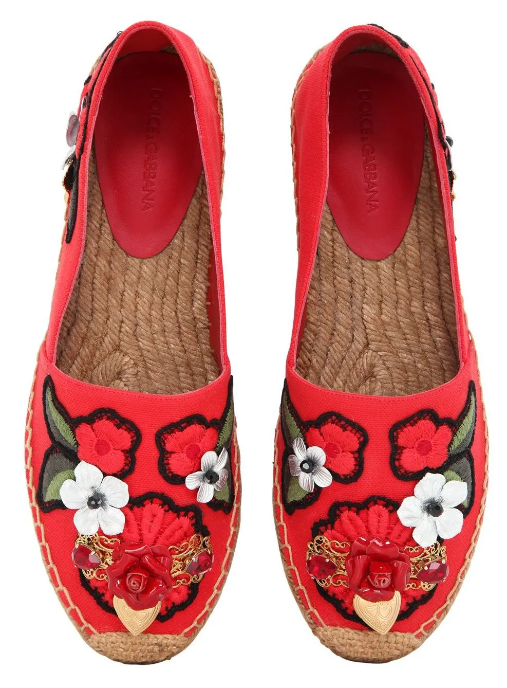 Locket-Flower-Jewel Embroidered Espadrilles-Red