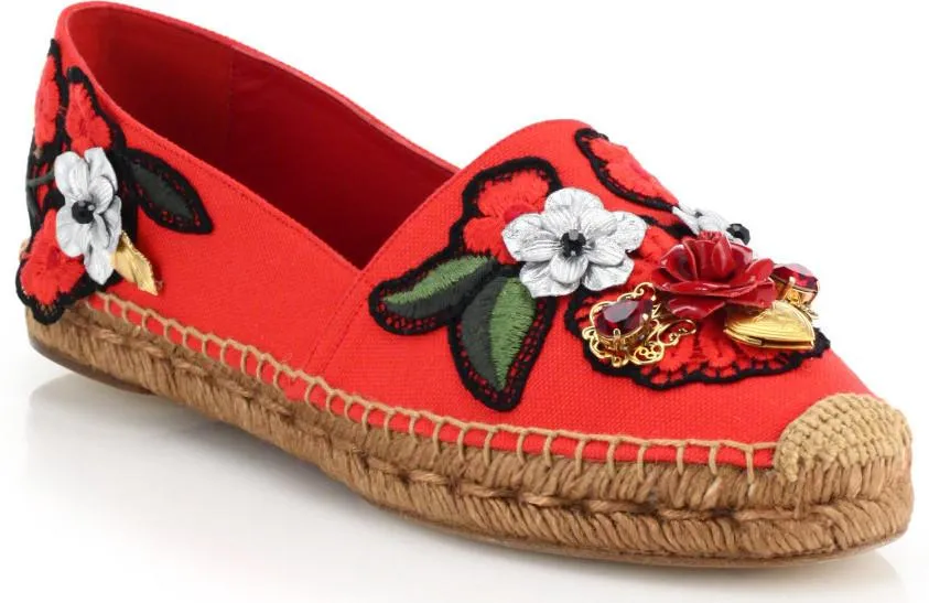 Locket-Flower-Jewel Embroidered Espadrilles-Red