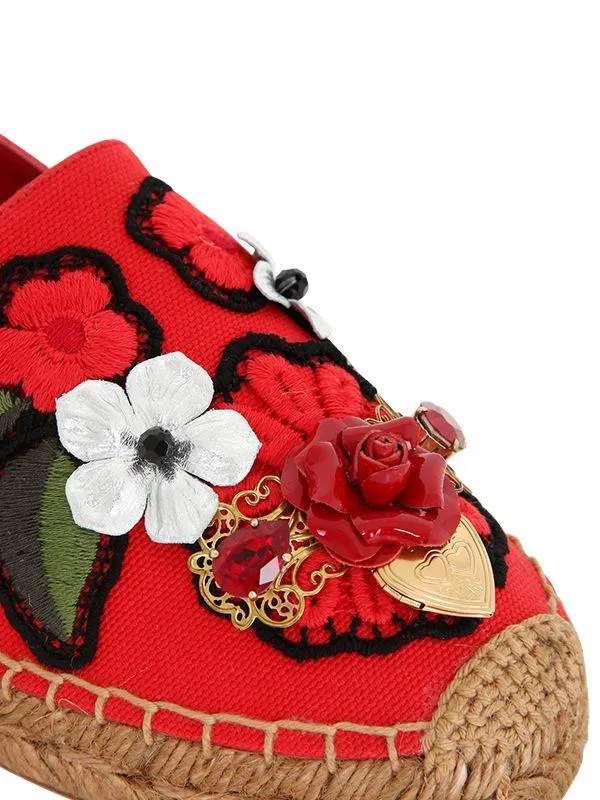 Locket-Flower-Jewel Embroidered Espadrilles-Red