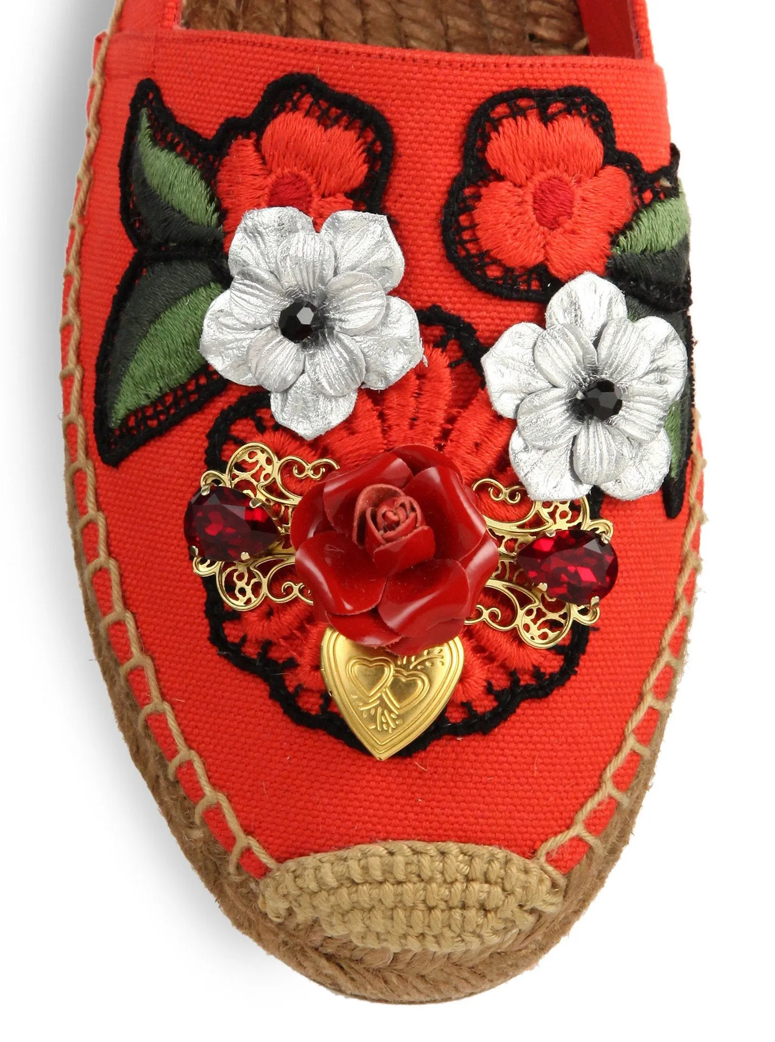 Locket-Flower-Jewel Embroidered Espadrilles-Red