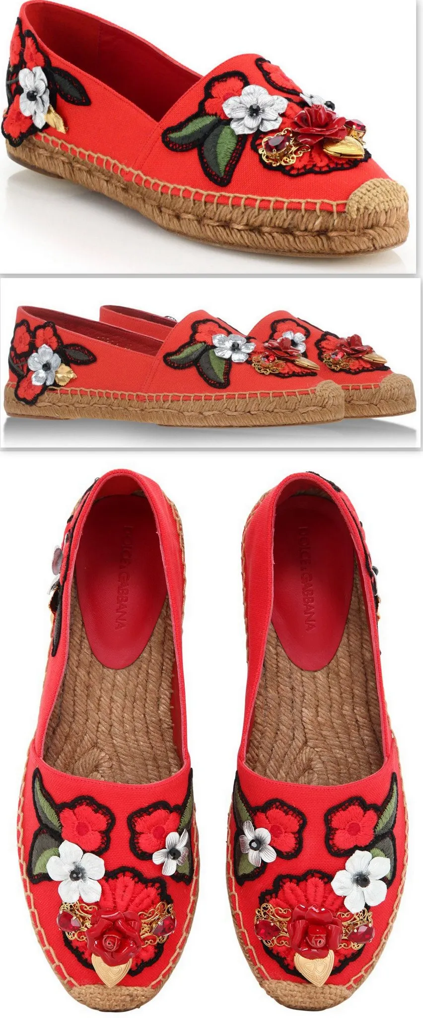 Locket-Flower-Jewel Embroidered Espadrilles-Red