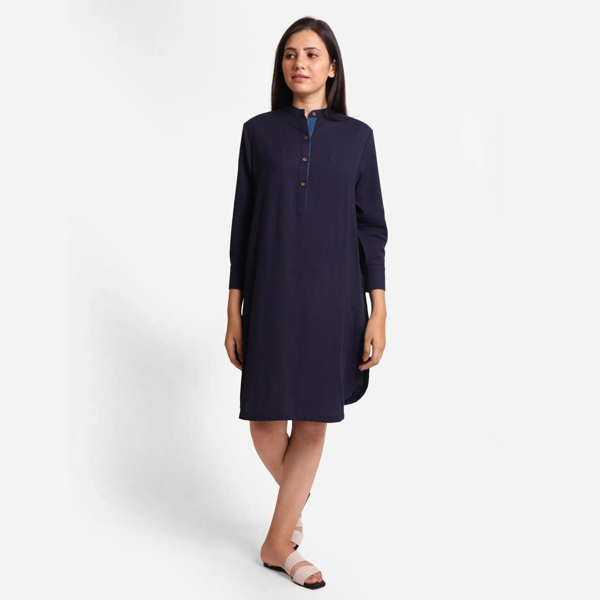 Navy Blue Cotton Flax Knee Length Shirt Dress