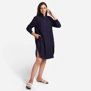 Navy Blue Cotton Flax Knee Length Shirt Dress