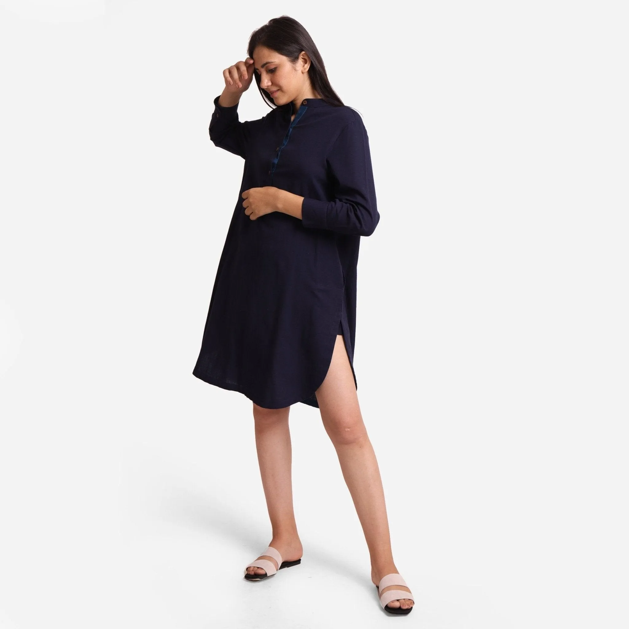 Navy Blue Cotton Flax Knee Length Shirt Dress