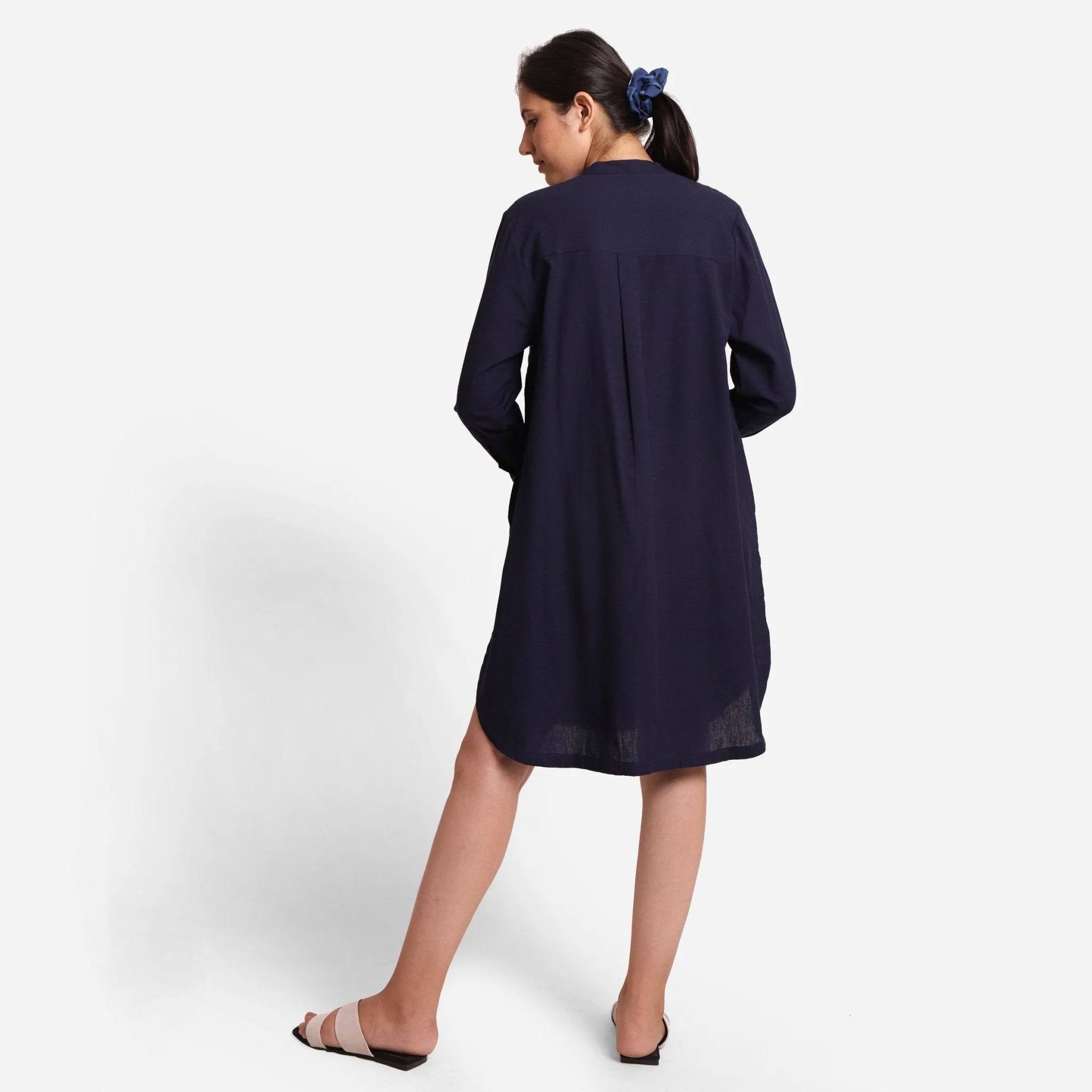 Navy Blue Cotton Flax Knee Length Shirt Dress