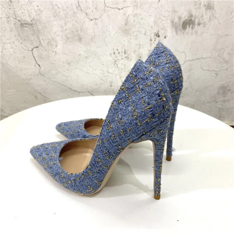 New Woven High Heel Shoes 12CM Pointed Stiletto Heel Shallow Mouth