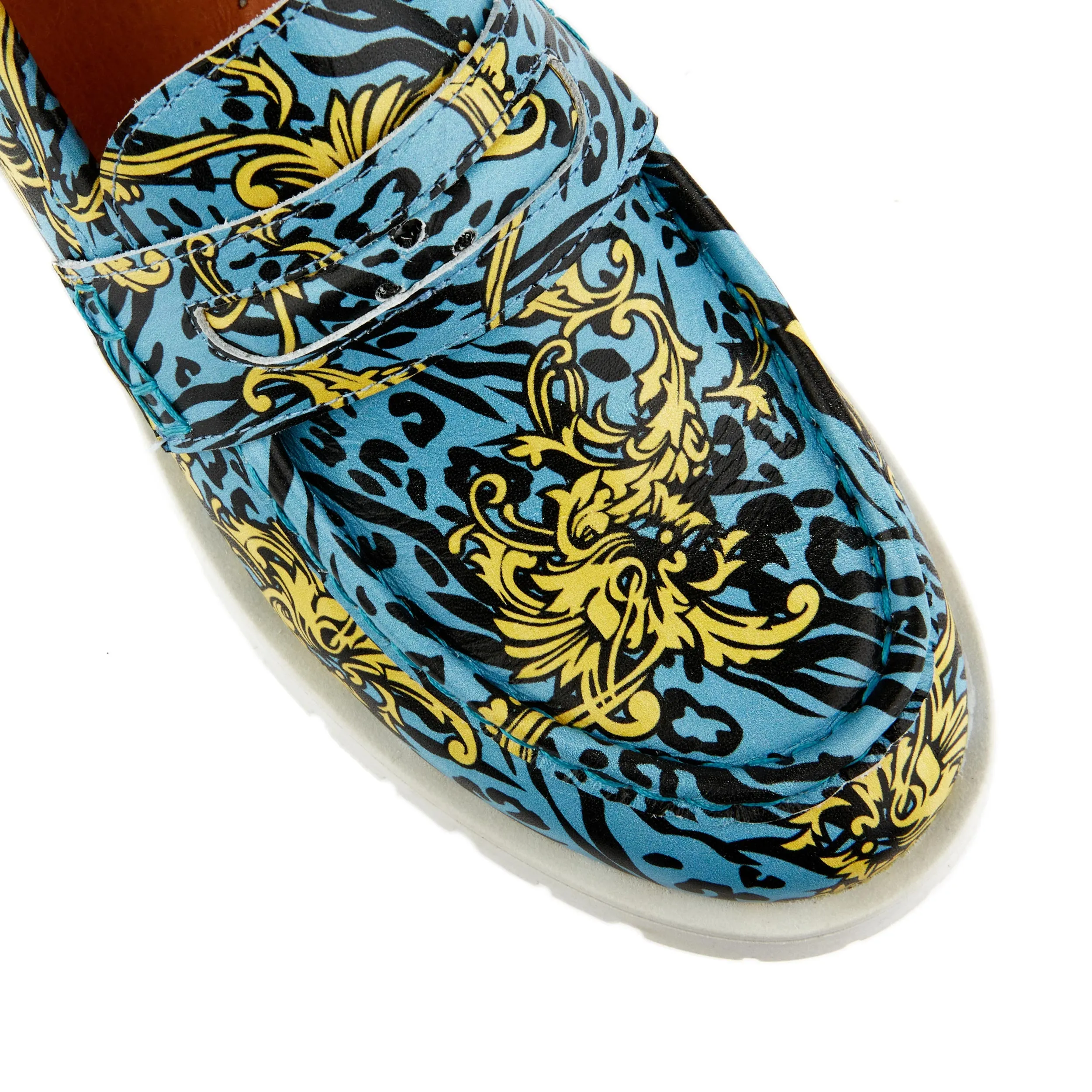 Pier - Light Blue Yellow - Women's chunky platform sole leather slip on  penny loafer