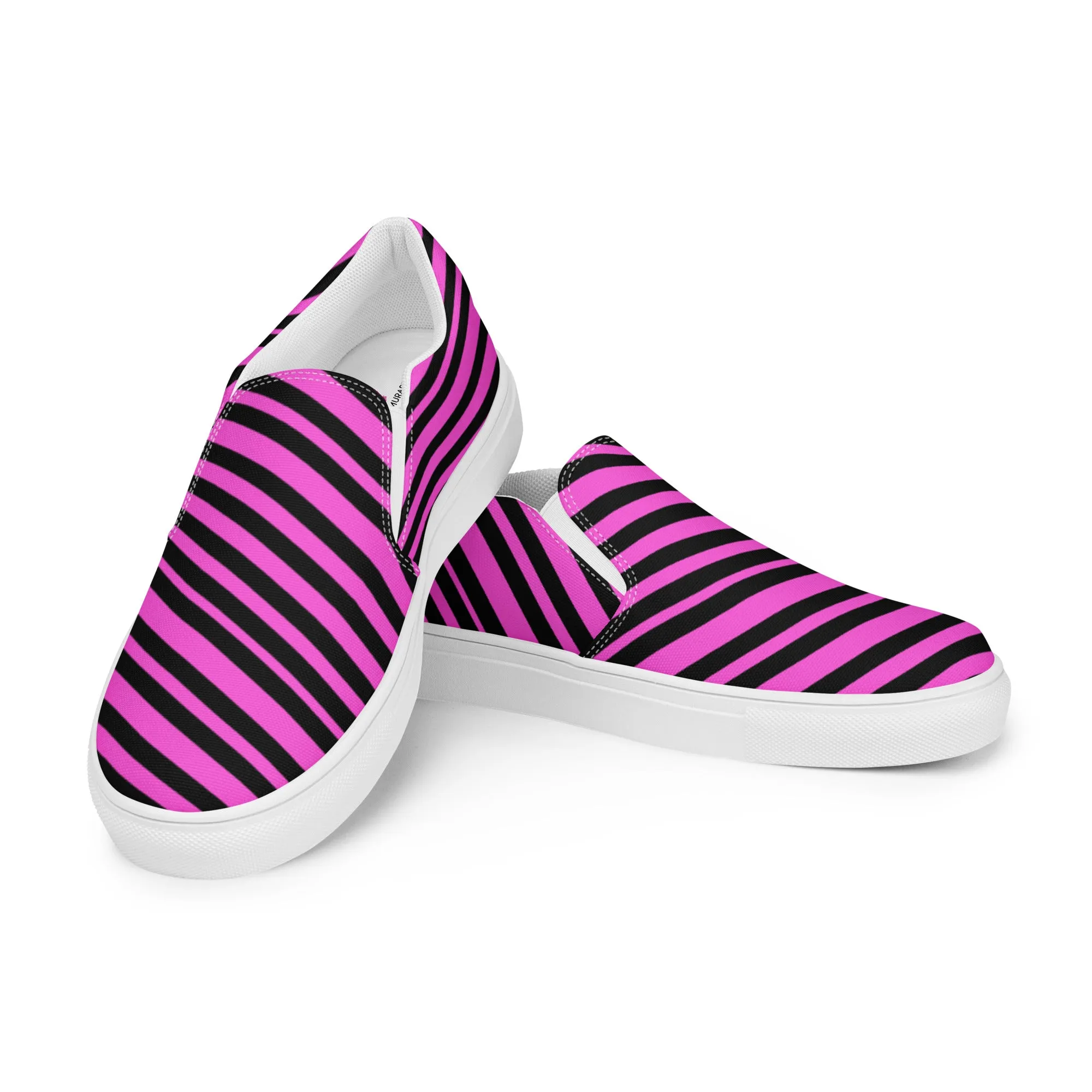 Pink Striped Women's Slip Ons, Diagonally Striped Print Women’s Slip-On Canvas Shoes (US Size: 5-12)