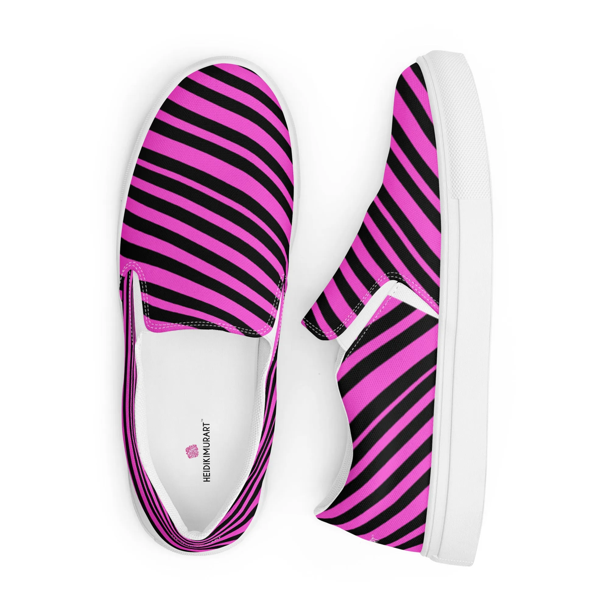 Pink Striped Women's Slip Ons, Diagonally Striped Print Women’s Slip-On Canvas Shoes (US Size: 5-12)