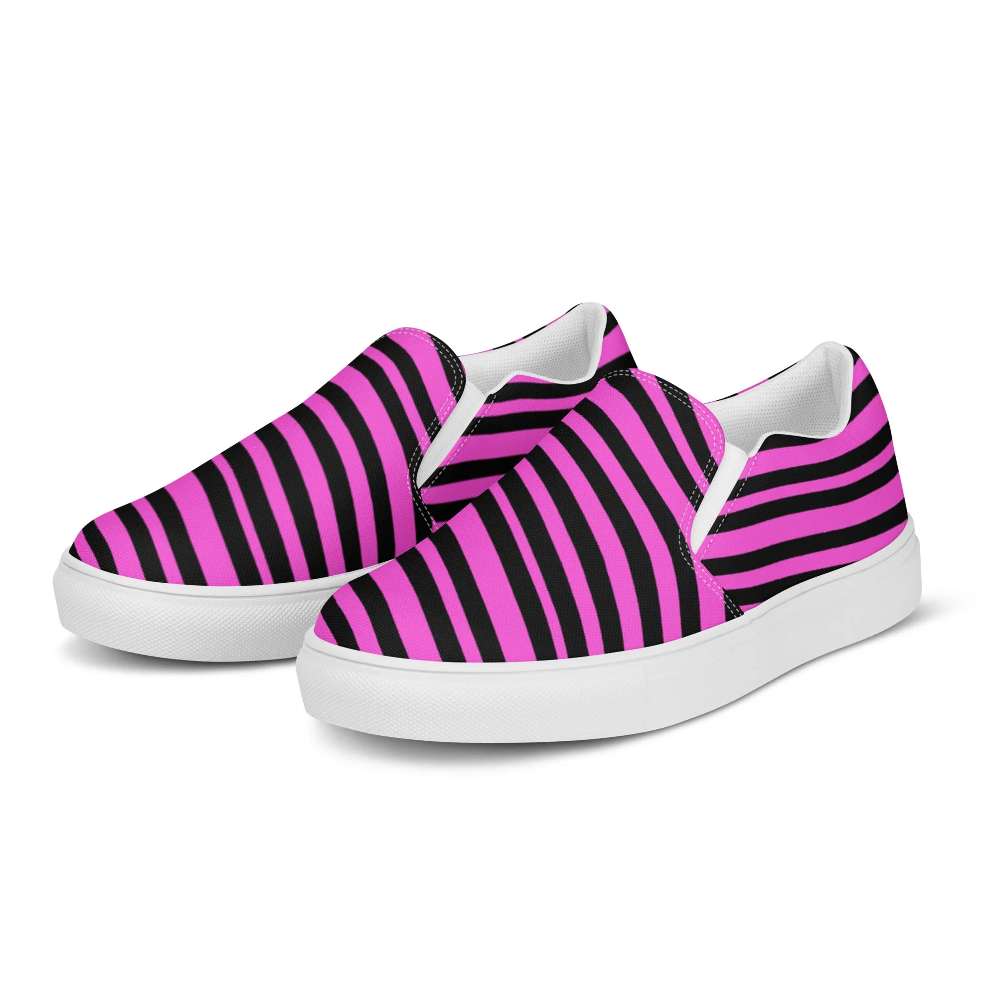 Pink Striped Women's Slip Ons, Diagonally Striped Print Women’s Slip-On Canvas Shoes (US Size: 5-12)