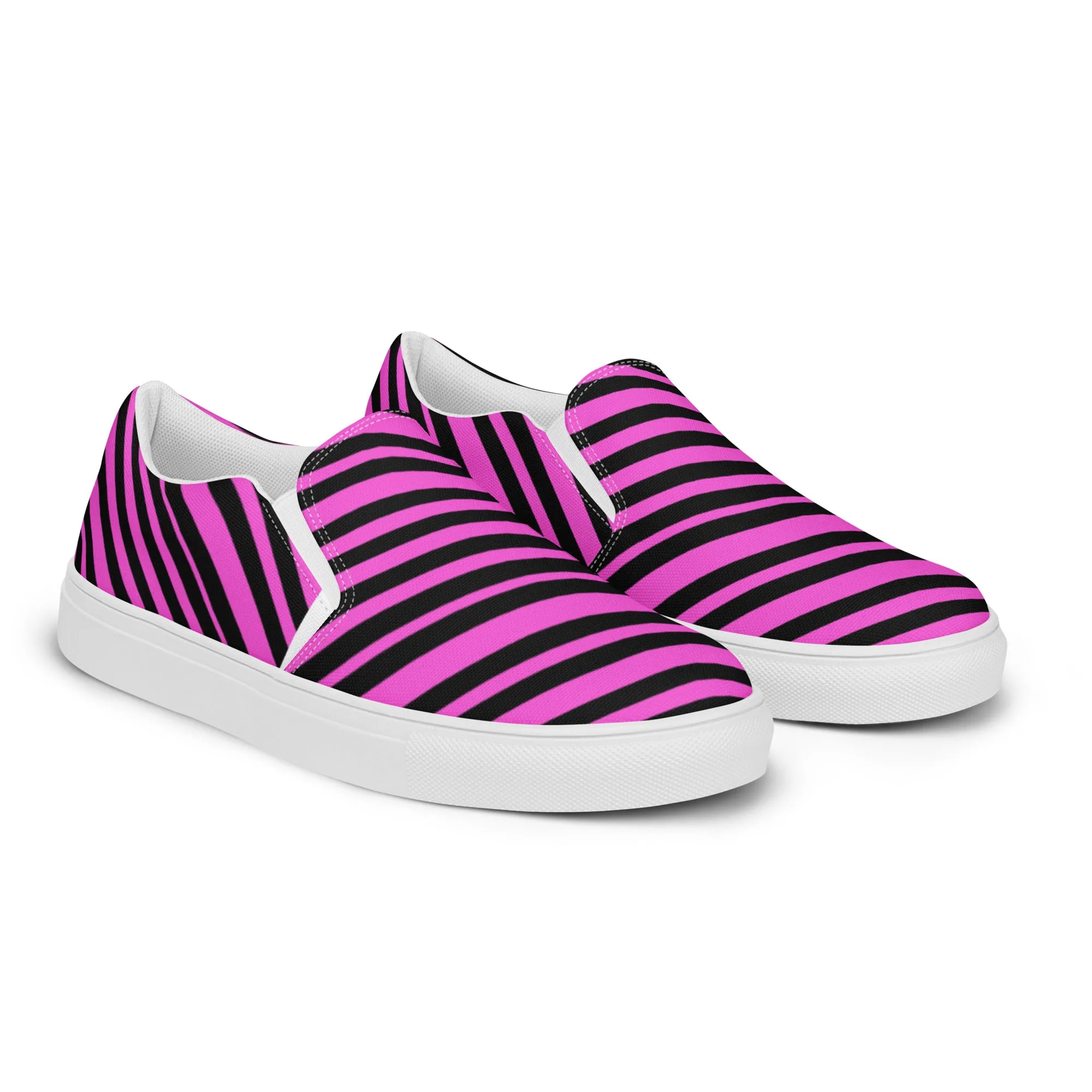 Pink Striped Women's Slip Ons, Diagonally Striped Print Women’s Slip-On Canvas Shoes (US Size: 5-12)