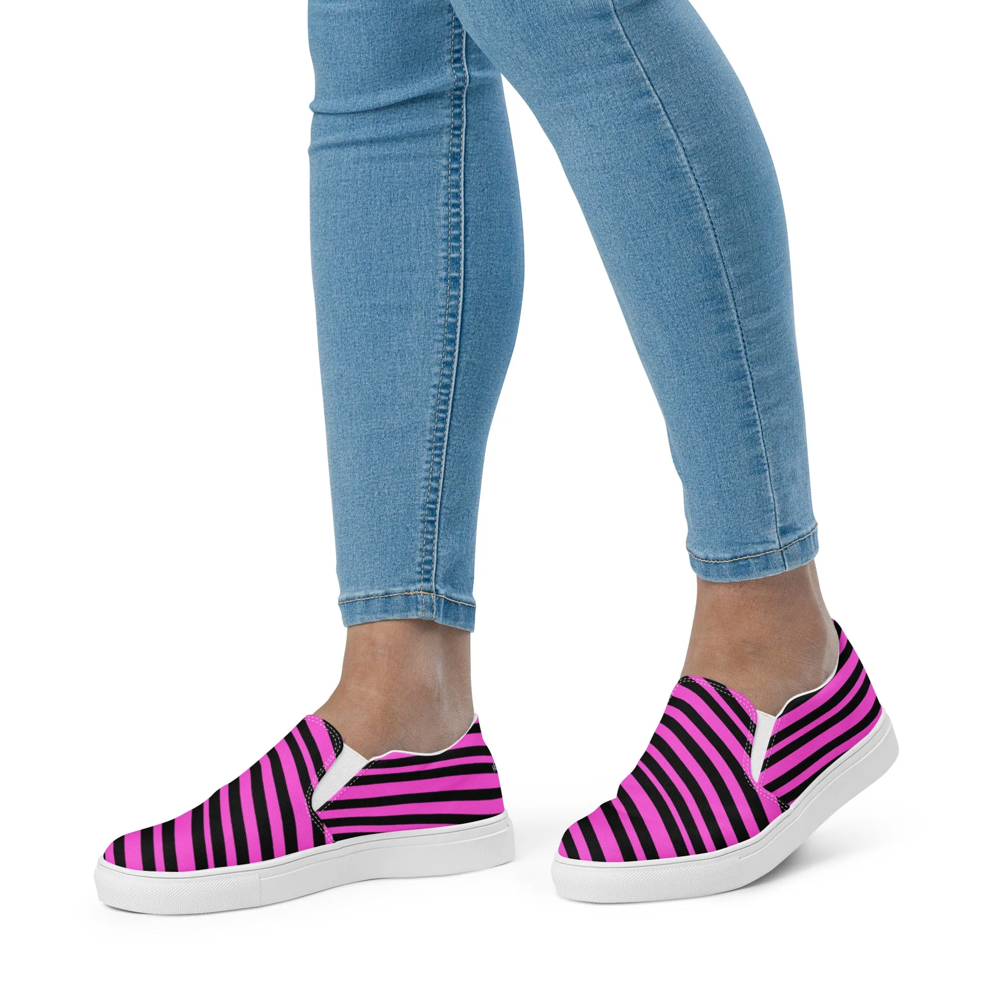 Pink Striped Women's Slip Ons, Diagonally Striped Print Women’s Slip-On Canvas Shoes (US Size: 5-12)