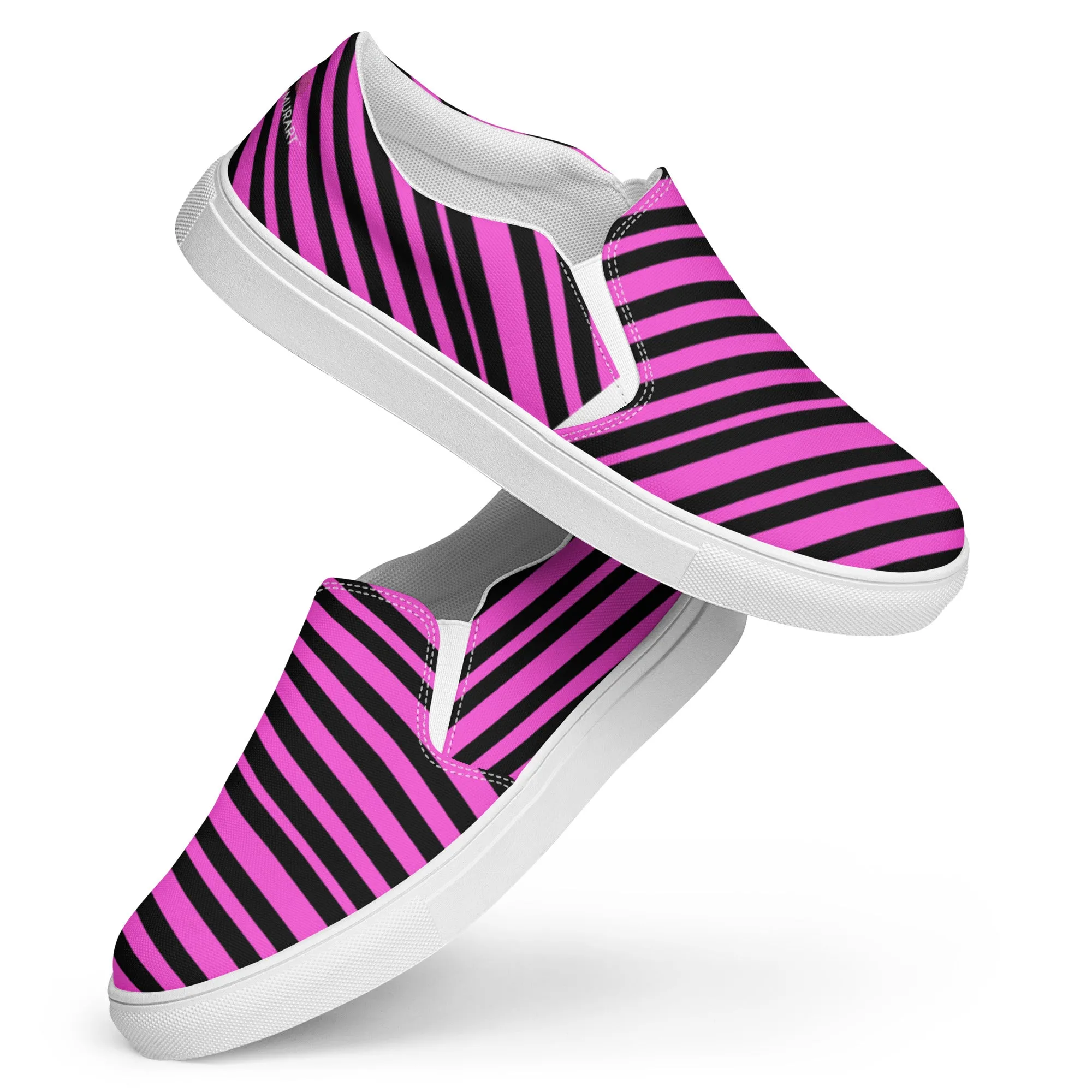 Pink Striped Women's Slip Ons, Diagonally Striped Print Women’s Slip-On Canvas Shoes (US Size: 5-12)