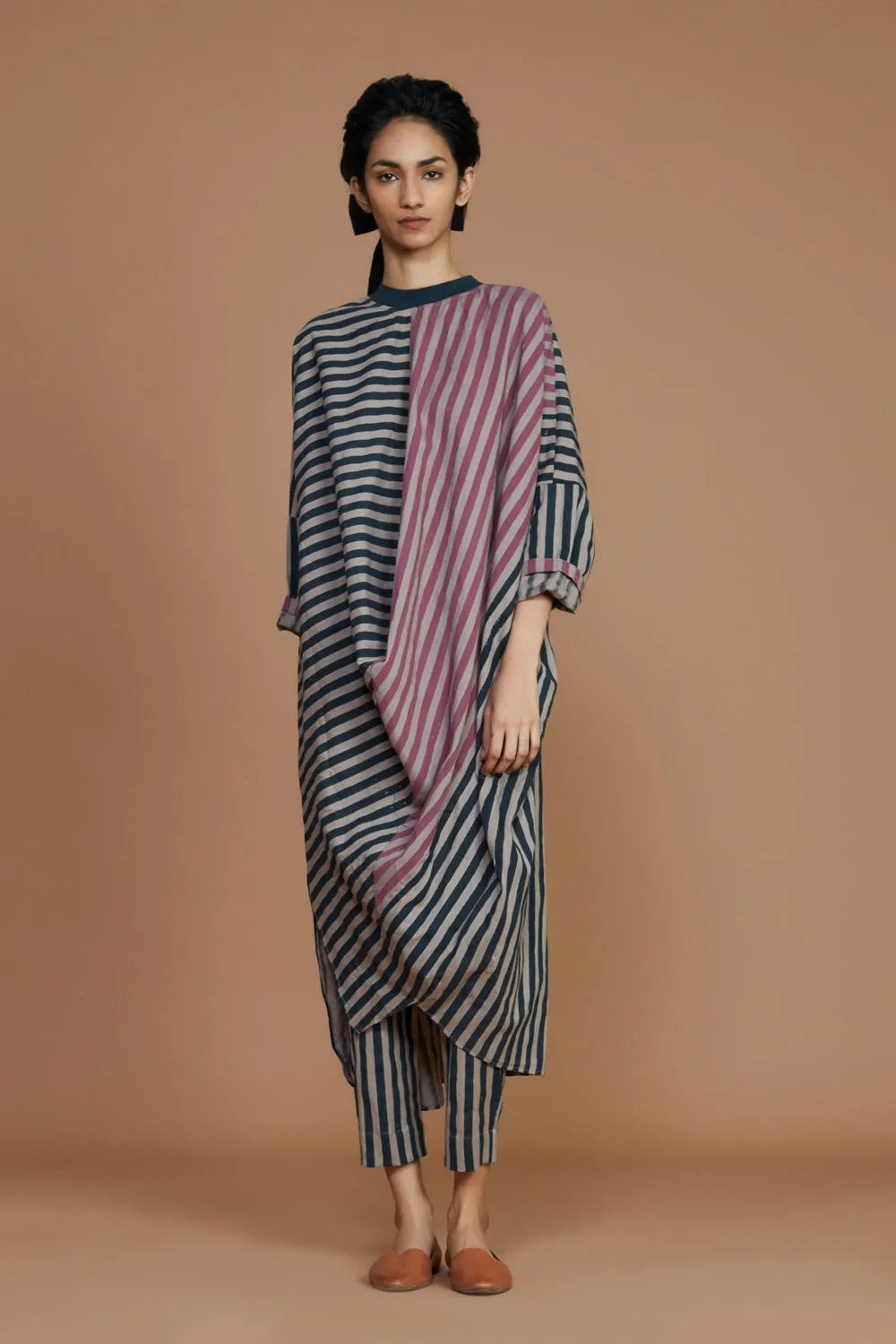 Ribbed Cowl Tunic Striped Grey Dress