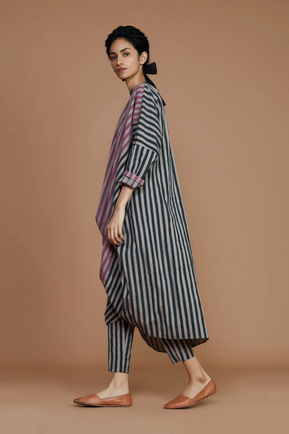 Ribbed Cowl Tunic Striped Grey Dress