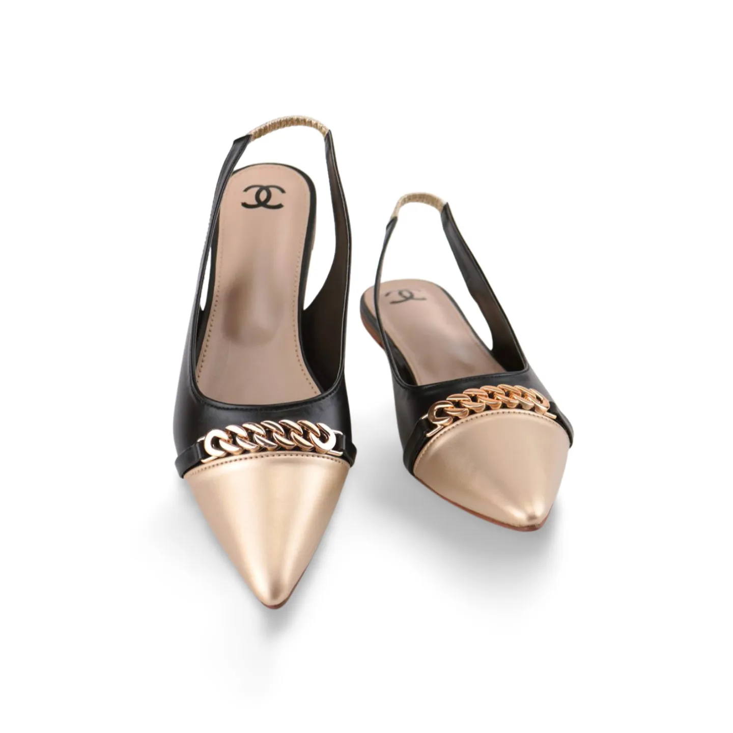 Stylish Black and Gold Pointed Toe Slingback Flats with Chain Detail