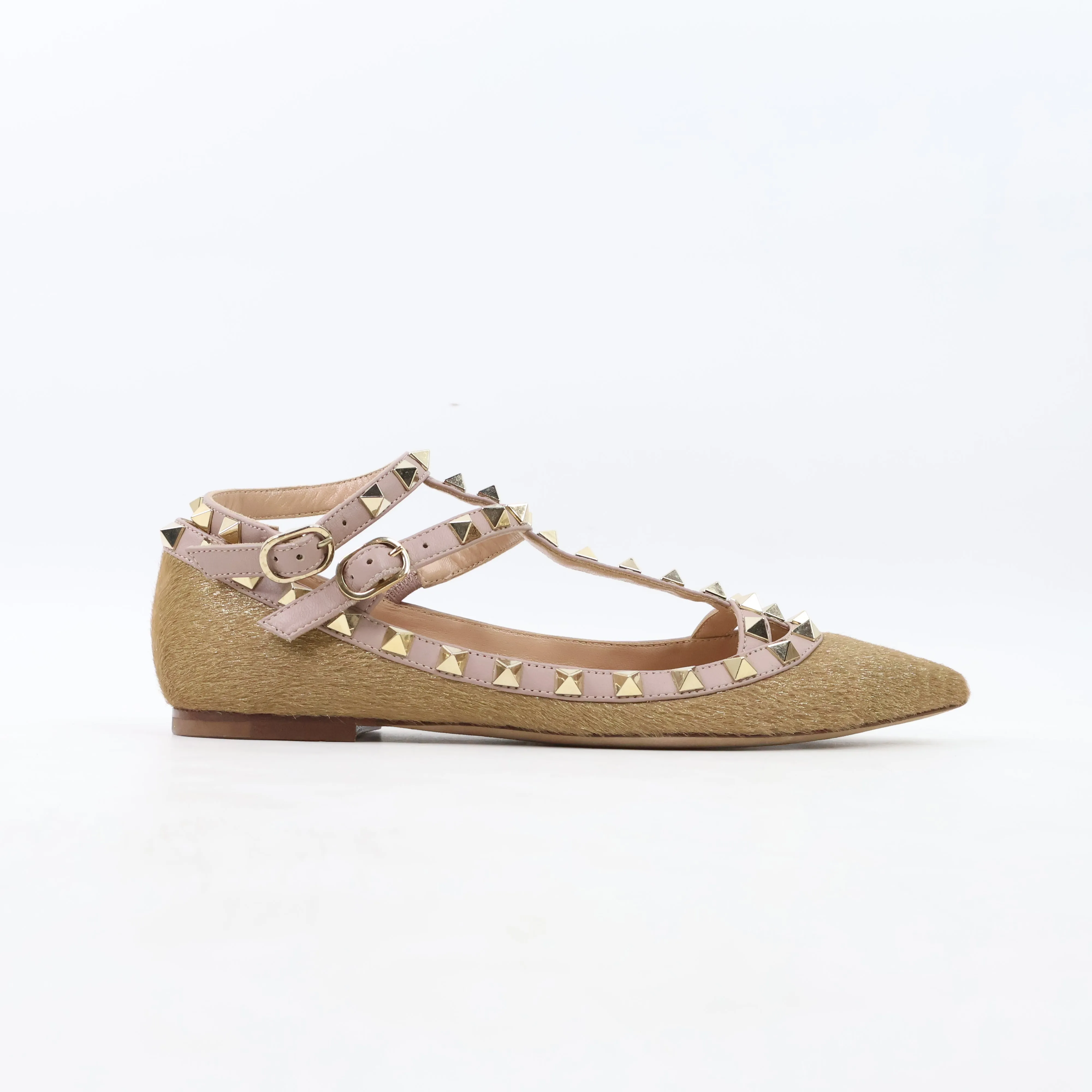 Valentino Gold Flats Rock Stud Pony Hair 35.5