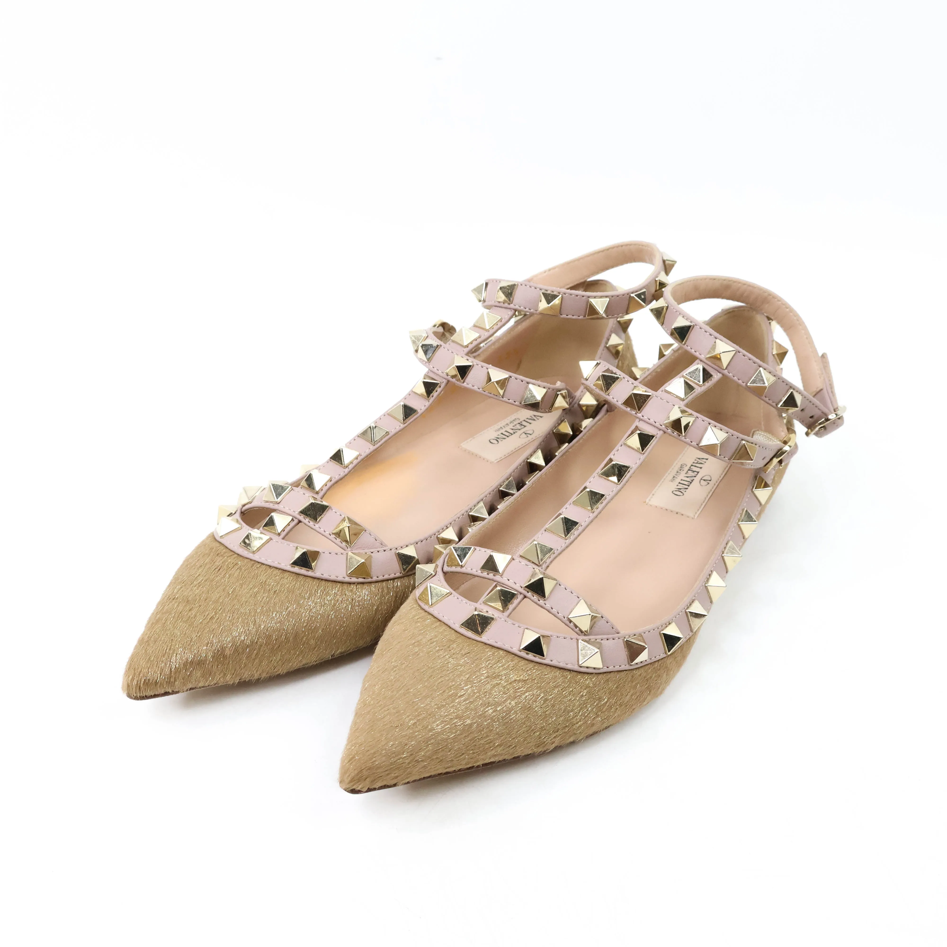 Valentino Gold Flats Rock Stud Pony Hair 35.5