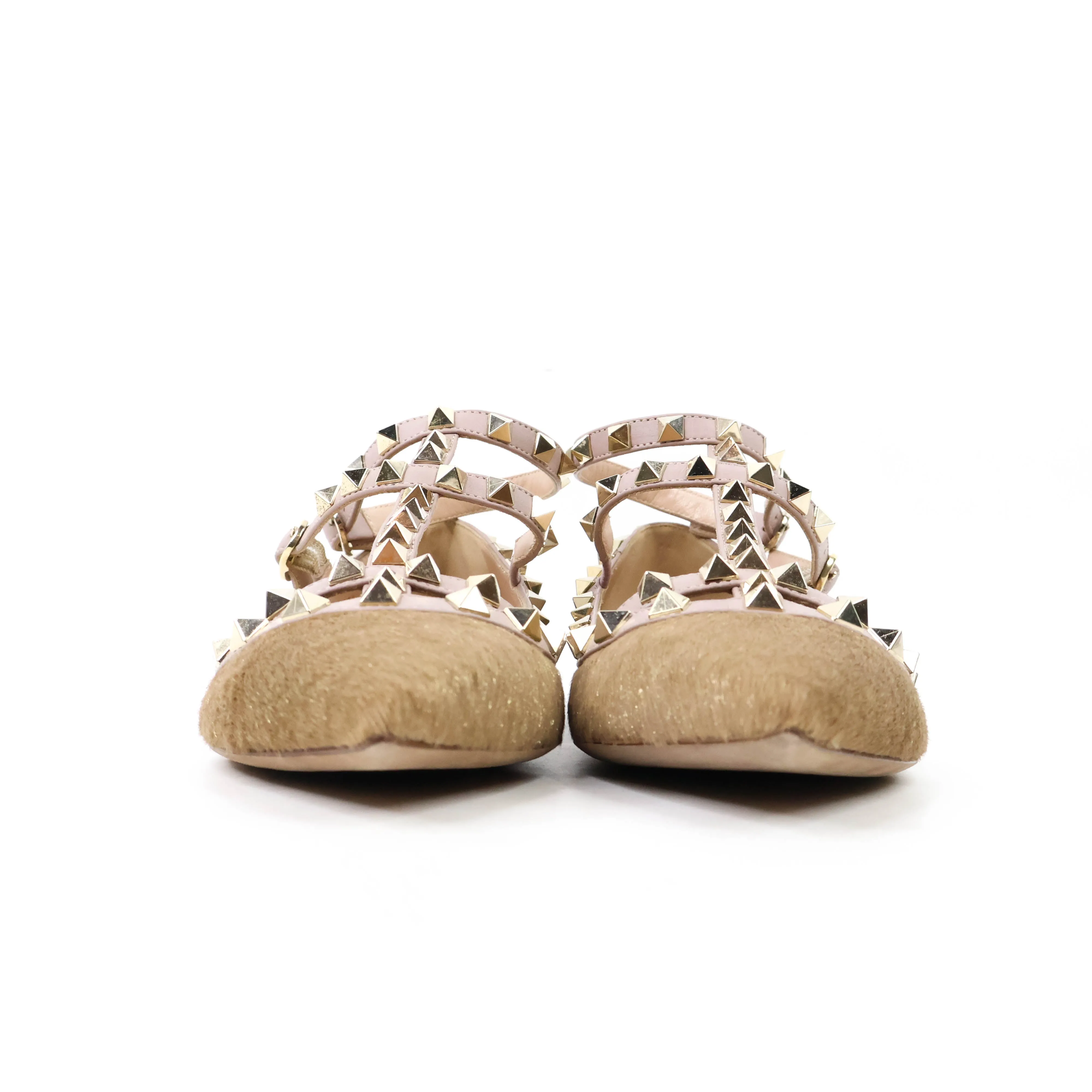 Valentino Gold Flats Rock Stud Pony Hair 35.5