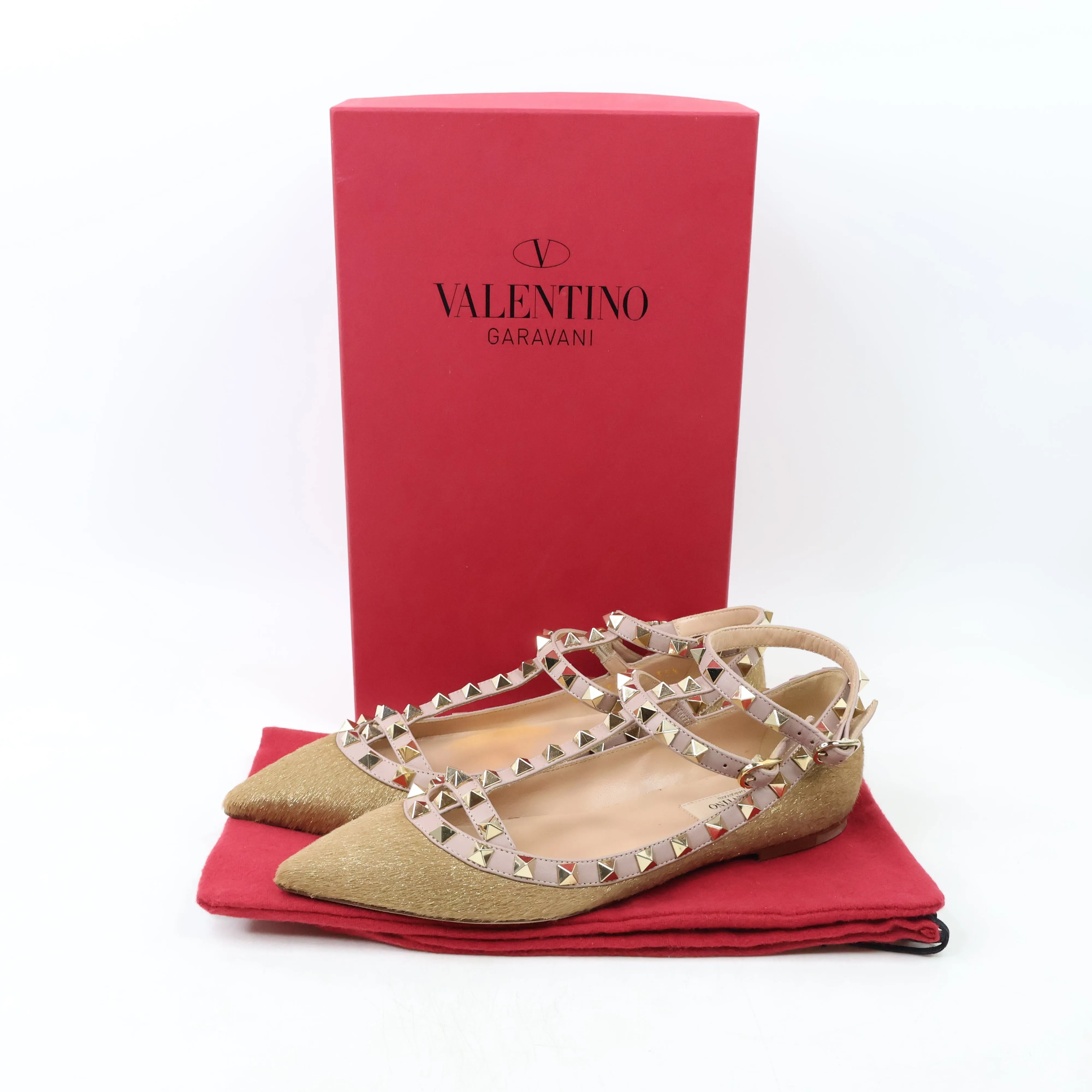 Valentino Gold Flats Rock Stud Pony Hair 35.5