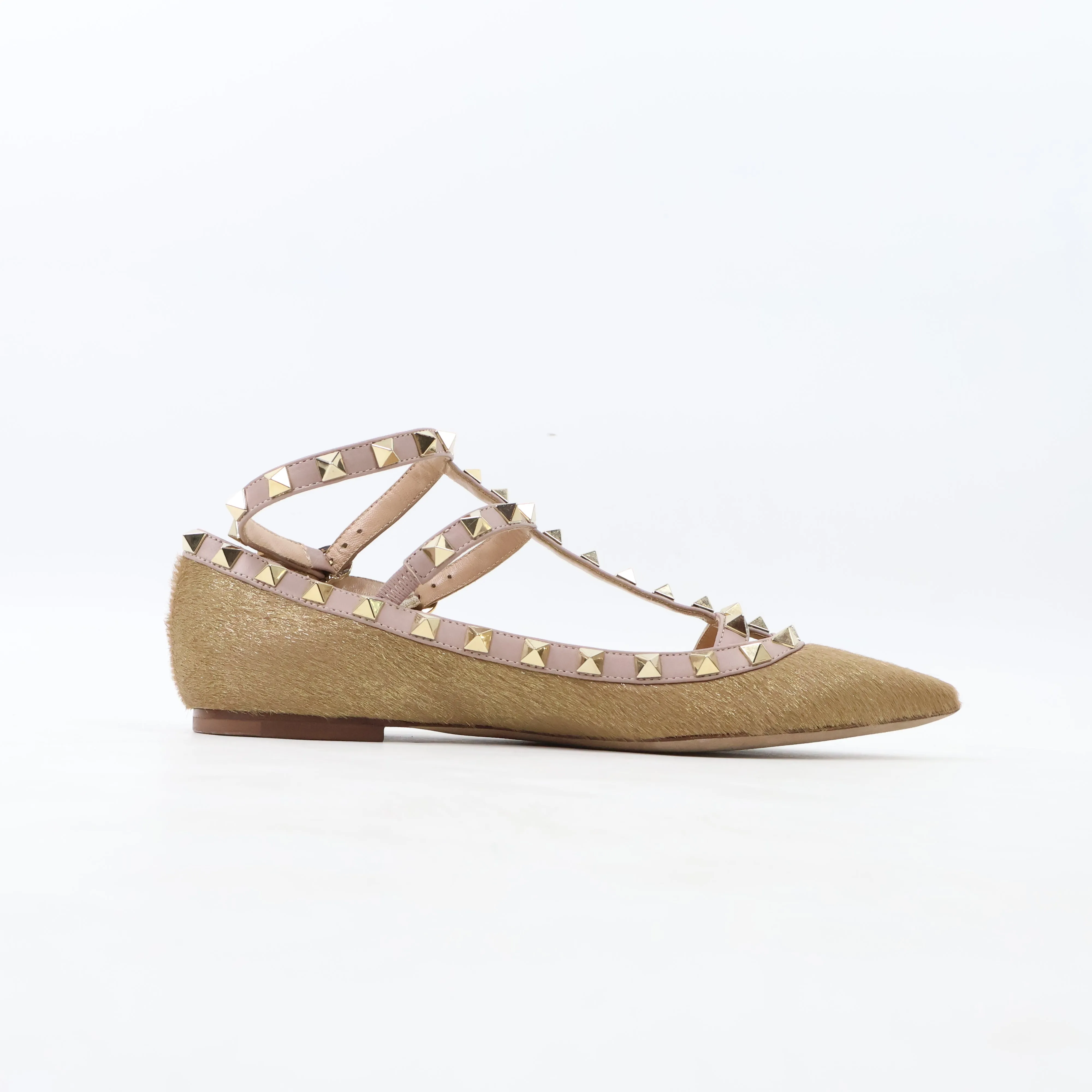 Valentino Gold Flats Rock Stud Pony Hair 35.5