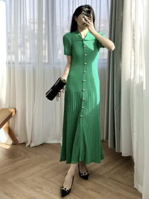 Womens Elegant Short Sleeve Button-Down Knit Maxi Dress